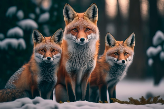 Familie van schattige vossen in het winterbos Generatieve AI