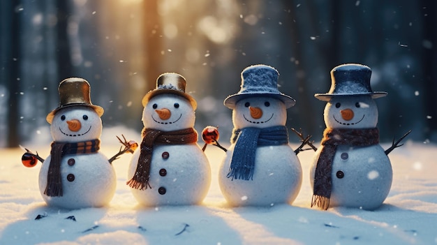 Familie van sneeuwpoppen op een winter achtergrond Kerst achtergrond grappige sneeuwpoppen op de sneeuw