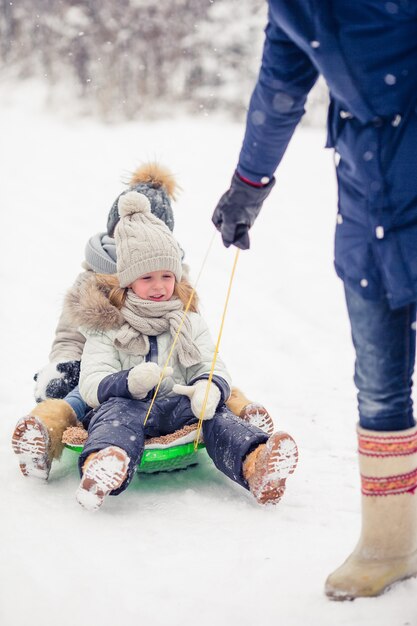 Familie van vader en kinderen vakantie op winter buiten