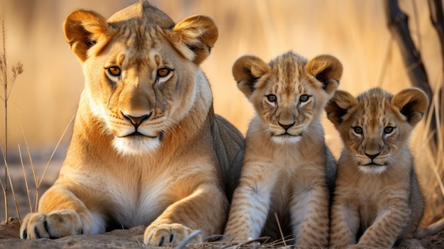 Familie van vriendelijke leeuwen close-up