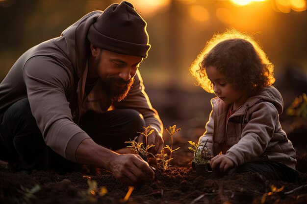 Familie verenigd in groene acties planten en schoonmaken generatieve IA