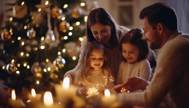 Familie versiert de boom vóór Kerstmis Genatieve AI