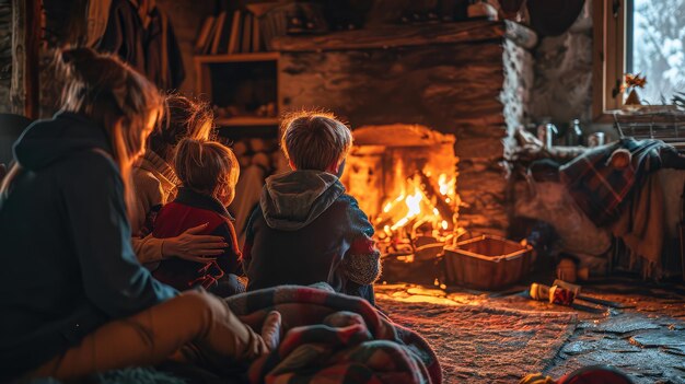 Familie verzameld naast een open haard op een koude dag