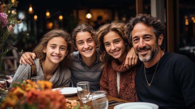 Familie verzameld rond een tafel glimlachend