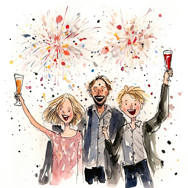 Familie viert oudejaarsavond vuurwerk confetti illustratie