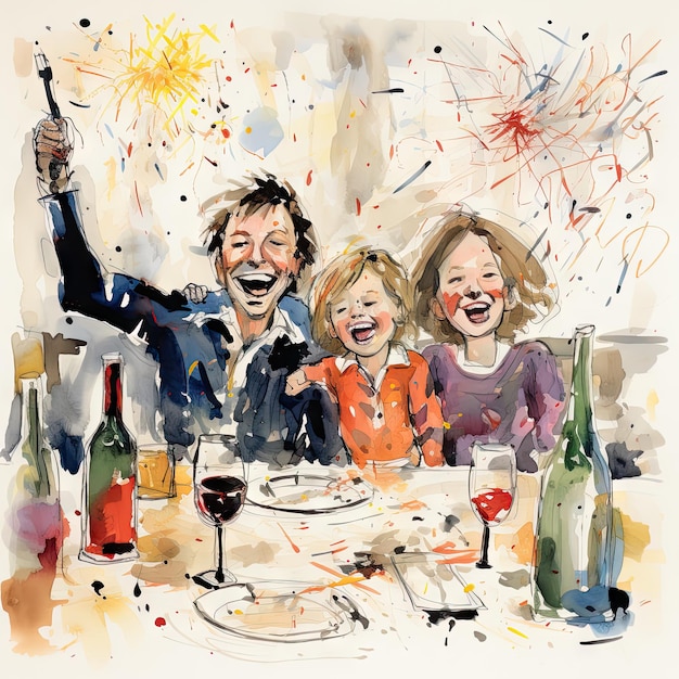 Familie viert oudejaarsavond vuurwerk confetti illustratie