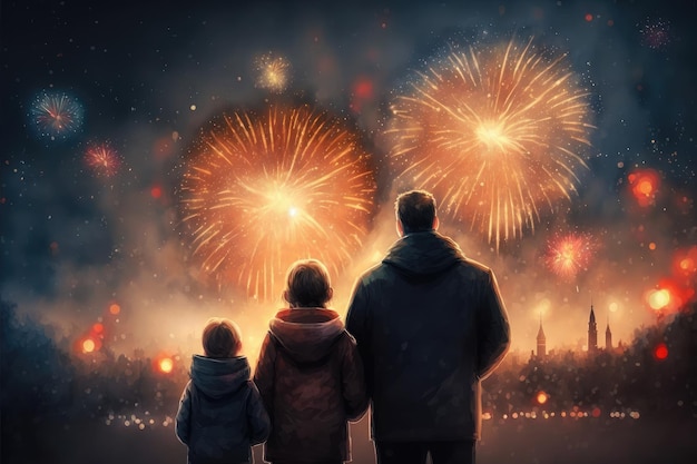 Familie vuurwerk kijken en gelukkig nieuwjaar vieren