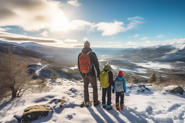 familie wandeling door besneeuwde winterbergen Achtergrond van ouder en kinderen die op het pad lopen