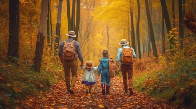 Familie wandelt in het herfstbos Moeder vader en kinderen met rugzakken wandelen in het Herfstbos