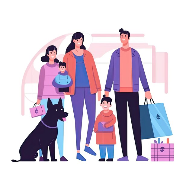 Familie winkelen platte compositie met mannelijke en vrouwelijke karakters winkelen en hond Flat vector illustratie AI gegenereerd