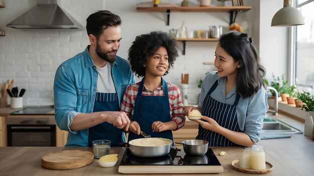 Familie zit in een keuken en kookt het deeg voor taart