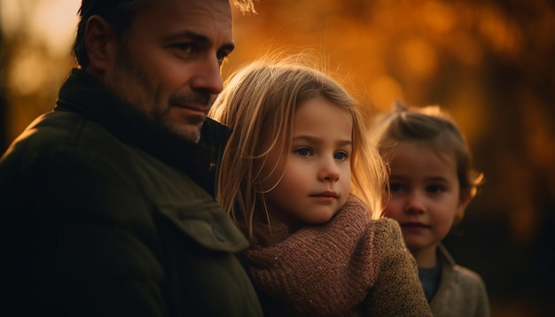 Foto familiebinding in de natuur genietend van herfstzonsondergang gegenereerd door ai