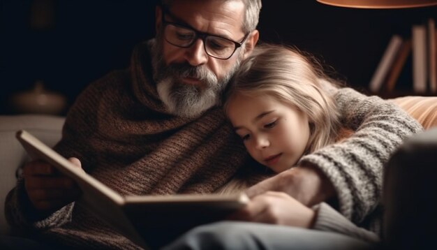 Familiebinding tijdens winterlezen binnenshuis samen gegenereerd door AI