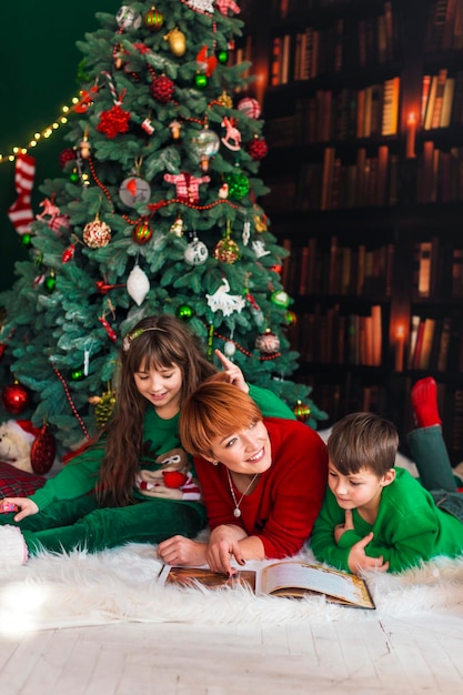 Familieboek lezen in de buurt van de kerstboom