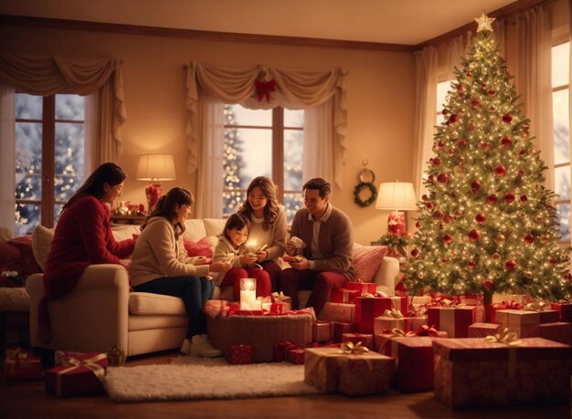 Familieleden herenigen zich op eerste kerstdag in de woonkamer met kerstboomcadeaus en een gezellige sfeer