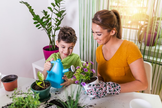 Familiemoeder en zoon kweken bloemen, verplanten zaailingen in de tuinmannen.