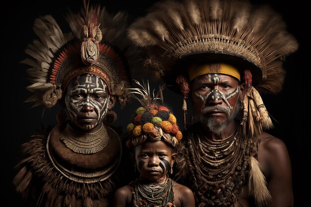 Familieportret van de Huli Wigmen-stam uit Papoea-Nieuw-Guinea Ai gegenereerde kunst