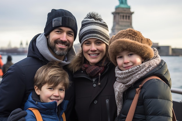 Familiereiziger maakt in de winter een selfie bij New York AI Generated