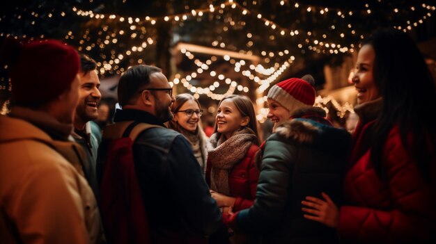 Foto familiereünie vieren op een avondfeest groep mensen van verschillende leeftijden en etniciteiten die samen plezier hebben vakanties levensstijlconcept een familie komt samen om liefde te delen tijdens kerstmis