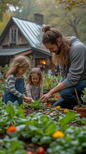 Foto famiglie che si collegano e si sostengono a vicenda nei giardini comunitari