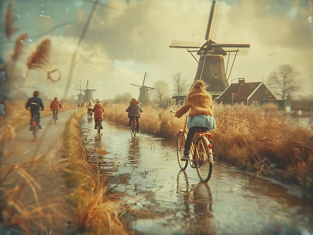 Фото Семьи ездят на велосипеде по голландской дорожке ветряных мельниц с соседями stroopwafe