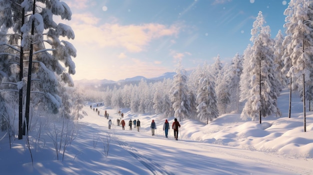 雪に覆われた森でクロスカントリースキーを楽しむ家族連れ 寒い原始の荒野に息づかいが見える