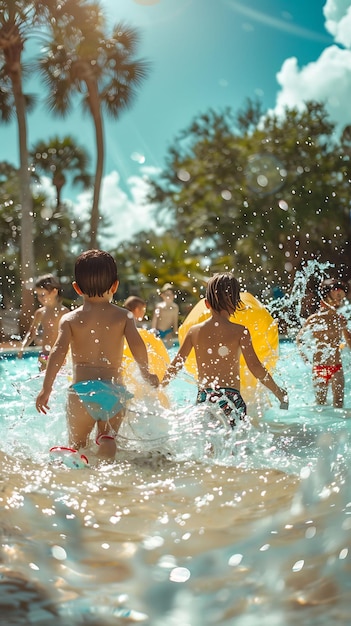 뜨거운 여름에 이웃의 수영장 파티를 즐기는 가족들 이웃의 휴가 창의적 배경 jpg
