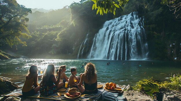 Photo families enjoying a picnic by a scenic waterfall in a colomb neighbor holiday activities background