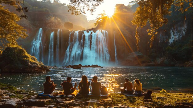 Photo families enjoying a picnic by a scenic waterfall in a colomb neighbor holiday activities background