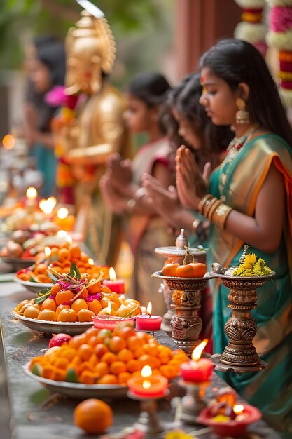 Photo families offering prayers at a hindu temple during the ganes neighbor holiday creative background