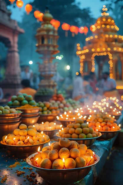 Photo families offering prayers at a hindu temple during the ganes neighbor holiday creative background