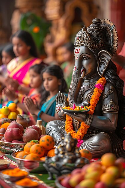 Photo families offering prayers at a hindu temple during the ganes neighbor holiday creative background