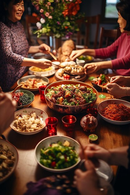 Photo families preparing traditional chinese new year's eve dinner