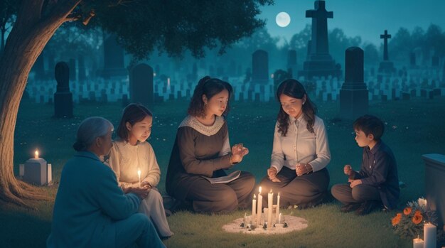 Семьи вспоминают предков на кладбище