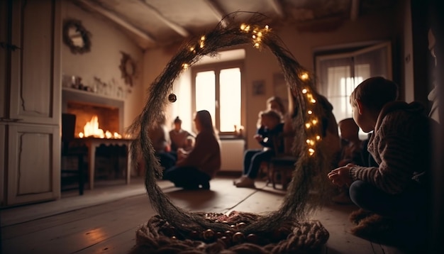 AI によって生成されたクリスマス ツリーの装飾中に家族が愛を分かち合う