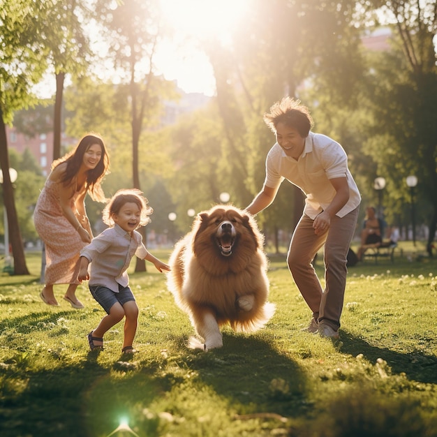 Familiespel met hond in foto-esthetiek in het zomerseizoen