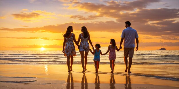 Familiewandelingen op het strand bij zonsondergang