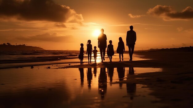 Familiezonsondergang en open bespreken diagram aan de kustlijn met kinderen en poortwachters samen op zee voor veiligheid Creatieve bron AI gegenereerd