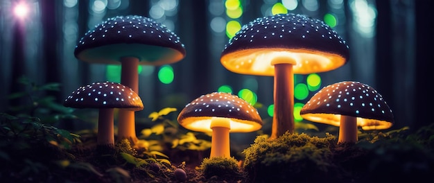 A family of acid poisonous luminous mushrooms in a dark mysterious lemu generative ai