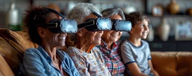 Foto famiglia attraverso le generazioni immersa nel divertimento della realtà virtuale