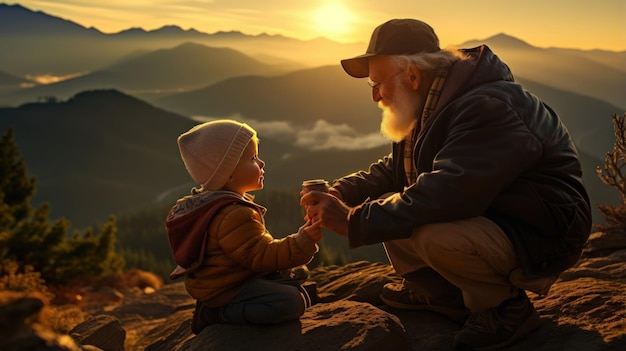 Family Adventure Grandfather and Grandson Hiking Amidst Mountain Peaks at Sunset Embracing the Spirit of Family Travel Generative ai