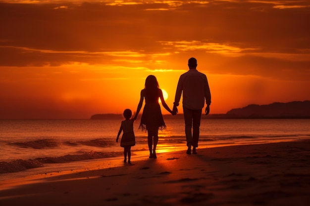 Family against the backdrop of the orange sun at the resort generative ai