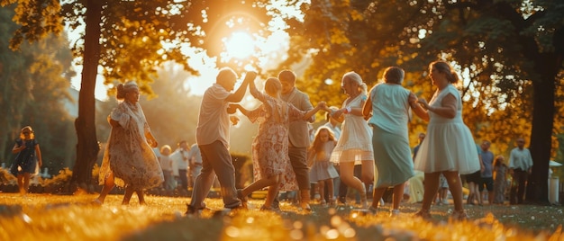 写真 庭のパーティーで家族と友達が一緒に踊ります若者も年配も楽しんでください