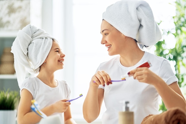 Family are brushing teeth