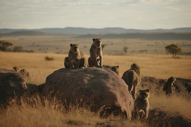 A family of baboons perched on a rocky outcropping in a savanna landscape generate ai