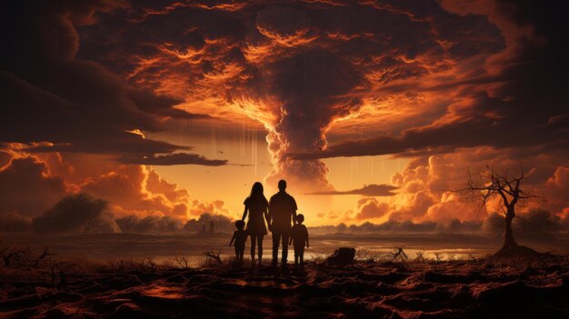 Family on the background of a nuclear explosion during the day Stormy sky shock wave against