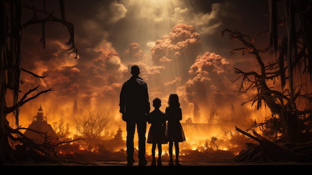 Family on the background of a nuclear explosion during the day Stormy sky shock wave against