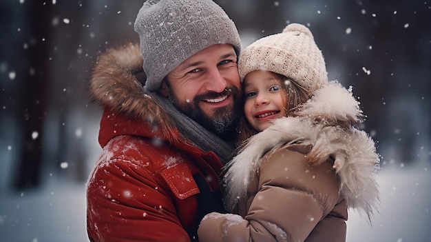 family background with dad and daughter outdoor in winter