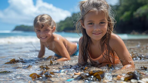 Photo family beach cleanup joining forces pick background