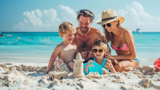 Photo family beach day children building sandcastles and parents relaxing